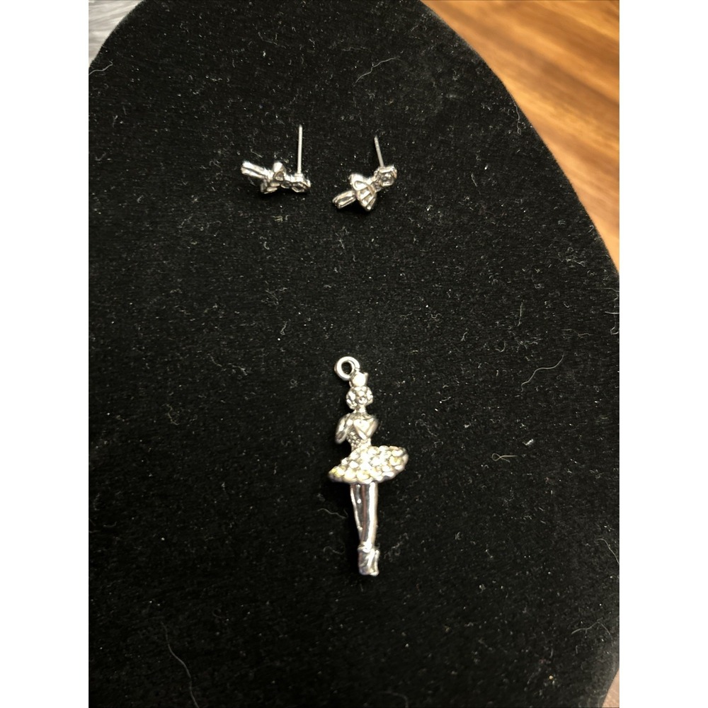 Silver Tone Ballerina Pendant Rhinestones With Matching Pierced Earringsβ